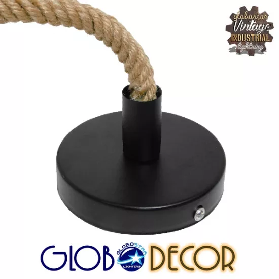 GloboStar® MALVERN 10001240 Vintage Industrial Κρεμαστό Φωτιστικό Οροφής Μονόφωτο Μαύρο Μεταλλικό με Μπεζ Σχοινί Μ33 x Π22 x Υ33cm