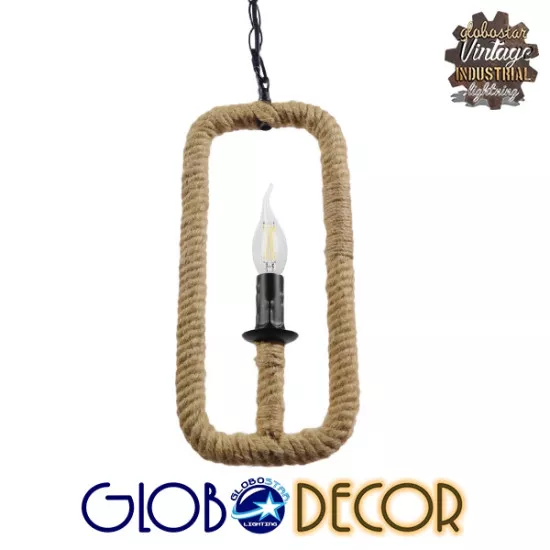 GloboStar® LINDELL 10001110 Vintage Industrial Κρεμαστό Φωτιστικό Οροφής Μονόφωτο Μαύρο Μεταλλικό με Μπεζ Σχοινί Φ18 x Y33cm