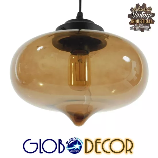 GloboStar® QUINN 10001029 Vintage Κρεμαστό Φωτιστικό Οροφής Μονόφωτο Γυάλινο Φιμέ Καφέ Φ26 x Y20cm