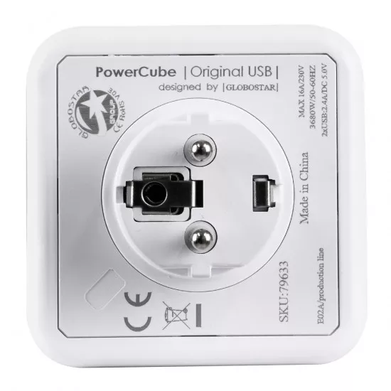 GloboStar® TRAVEL PowerCube PRO Certified 79633 Πολύπριζο 6 Θέσεων με 4 Πρίζες Ασφαλείας Childproof EU Schuko AC 220-240V & 2 Πρίζες USB Max 2.1A/DC 5V Μ7.5 x Π11.5 x Υ7.5 - Λευκό με Γκρι - Max Load 3680W/16A