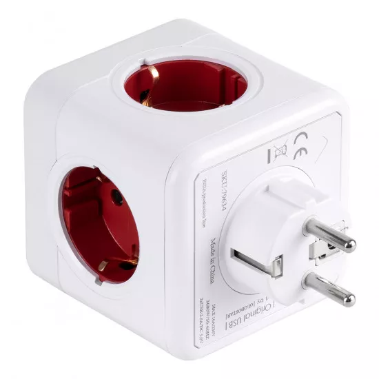 GloboStar® TRAVEL PowerCube PRO Certified 79634 Πολύπριζο 6 Θέσεων με 4 Πρίζες Ασφαλείας Childproof EU Schuko AC 220-240V & 2 Πρίζες USB Max 2.1A/DC 5V Μ7.5 x Π11.5 x Υ7.5 - Λευκό με Κόκκινο - Max Load 3680W/16A