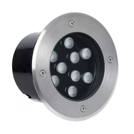 GloboStar® GROUND-TINA 90664 Χωνευτό Φωτιστικό Σποτ Δαπέδου LED 9W 990lm 30° DC 24V Αδιάβροχο IP65 Φ16 x Υ9cm Θερμό Λευκό 3000K - Ανοξείδωτο Ατσάλι - 3 Years Warranty