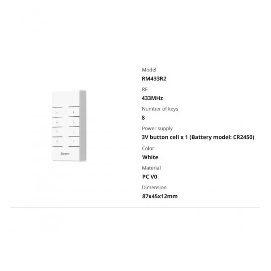 GloboStar® 80074 SONOFF RM433R2 - Remote Controller RF 433Mhz 8 Key (Battery Included)