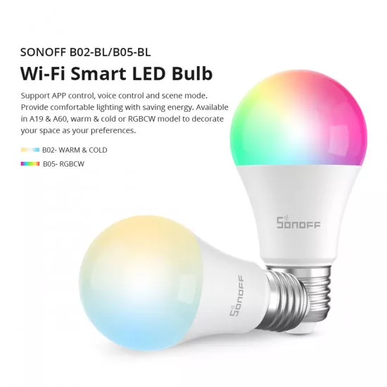 GloboStar® 80072 SONOFF B05-BL-A60 - LED BULB E27 A60 806lm 9W WiFi+Bluetooth RGBW (RED + Green + Blue + Cool White) Dimming Smart Bulb RGBW
