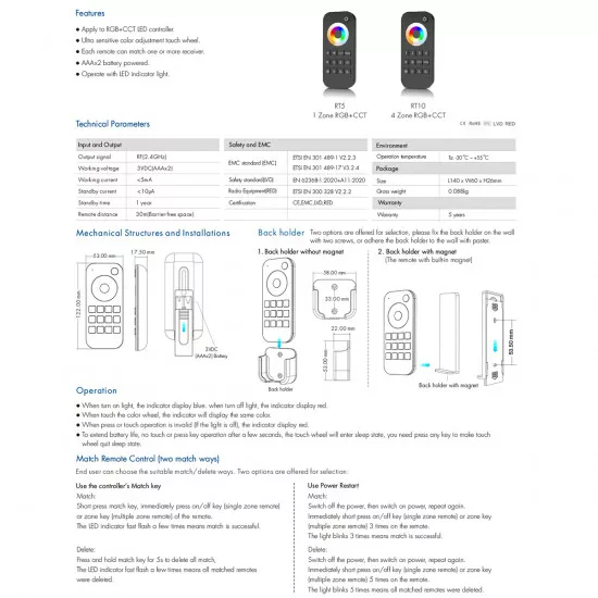 GloboStar® 73009 RT5 SKYDANCE Ασύρματο Χειριστήριο Αφής RF 2.4Ghz 1 Group για όλα τα RGBW+WW SKYDANCE Controller  DC 3V 2 x AAA - IP20 Μαύρο Μ5.3 x Π1.75 x Υ12.2cm - 5 Years Warranty