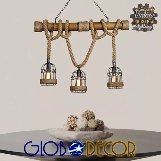 GloboStar® LILO 01149 Vintage Κρεμαστό Φωτιστικό Οροφής Τρίφωτο Καφέ Ξύλινο Bamboo με Μπεζ Σχοινί Μ80 x Π15 x Υ100cm