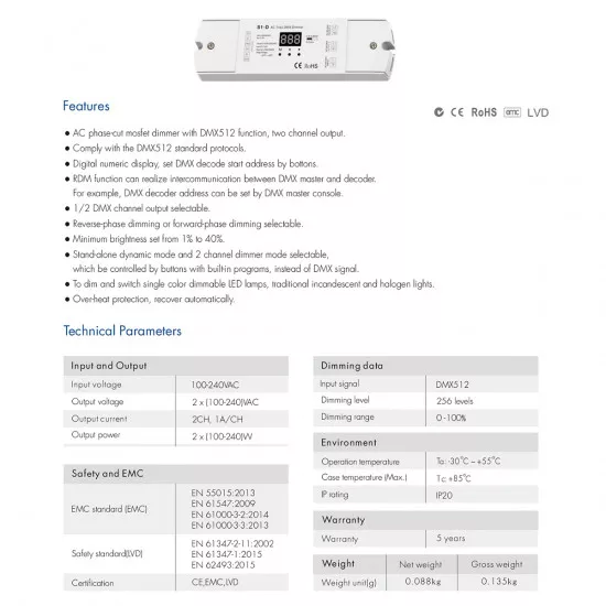 GloboStar® 70671 S1-D SKYDANCE AC Triac DMX Dimmer 2 Καναλιών AC 100-240V 2 x 1A 240W - Max 2A 480W - IP20 Μ16.7 x Π5 x Υ2.4cm - 5 Years Warranty