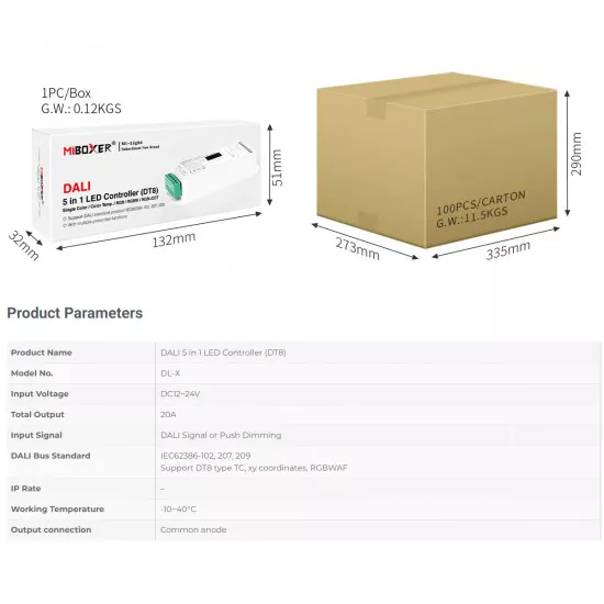 GloboStar® 71423 DL-X Mi-BOXER DC DALI & Push Dimming 5 in 1 High Speed Controller / Dimmer 5 Καναλιών DC 12-24V 5 x 6A 144W - Max 20A 480W - IP20 RGBW+WW Μ13 x Π5 x Υ2.5cm - 5 Years Warranty