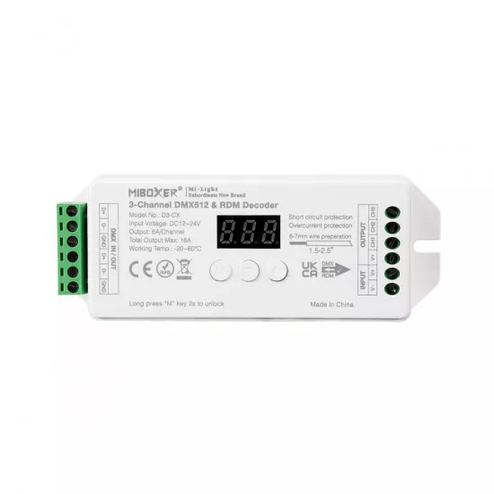 GloboStar® 71425 D3-CX Mi-BOXER DC DMX & RDM Dimmer High Speed Controller / Decoder 3 Καναλιών DC 12-24V 3 x 6A 144W - Max 18A 432W - IP20 Μ13 x Π5 x Υ2.5cm - 5 Years Warranty