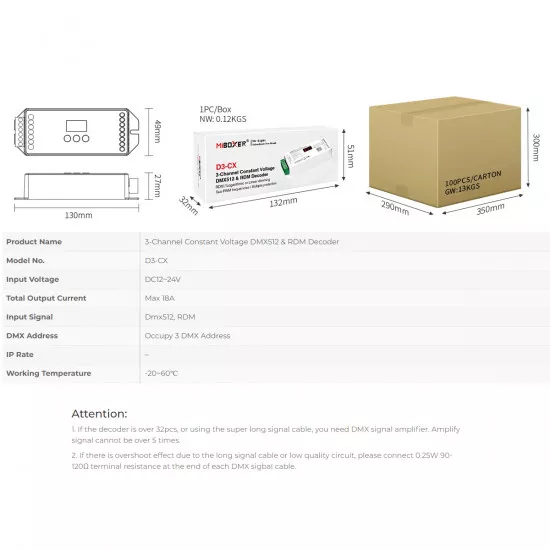 GloboStar® 71425 D3-CX Mi-BOXER DC DMX & RDM Dimmer High Speed Controller / Decoder 3 Καναλιών DC 12-24V 3 x 6A 144W - Max 18A 432W - IP20 Μ13 x Π5 x Υ2.5cm - 5 Years Warranty