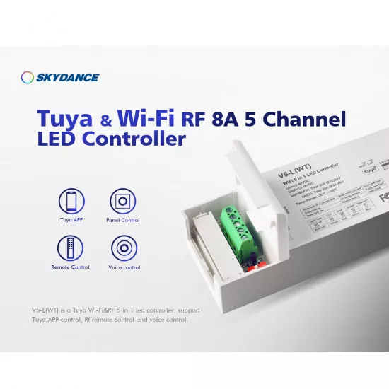 GloboStar® 71470 V5-L SKYDANCE DC WiFi & RF 2.4Ghz Dimmer High Speed Controller 5 Καναλιών DC 12-48V 5 x 6A 288W - Max 30A 1440W - IP20 Μ18 x Π5.7 x Υ2.8cm - 5 Years Warranty