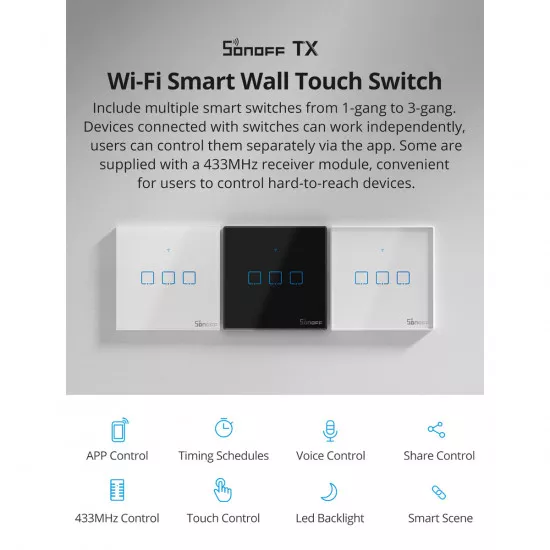 GloboStar® 80130  SONOFF T2EU1C-RF - 433MHz Wireless Smart Wall Touch Button Switch AC 100-240V Max 2A (2A/Way) 1 Way - RF Series