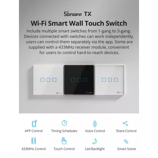 GloboStar® 80131  SONOFF T2EU2C-RF - 433MHz Wireless Smart Wall Touch Button Switch AC 100-240V Max 4A (2A/Way) 2 Way - RF Series