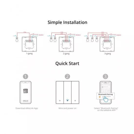 GloboStar® 80089 SONOFF M5-3C-80 SwitchMan Mechanical Smart Switch WiFi & Bluetooth AC 100-240V Max 6A 1320W (2A/Way) 3 Way