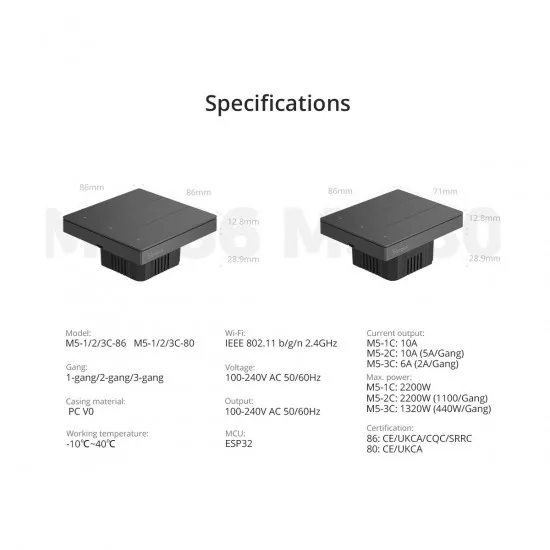 GloboStar® 80092 SONOFF M5-3C-86 SwitchMan Mechanical Smart Switch WiFi & Bluetooth AC 100-240V Max 6A 1320W (2A/Way) 3 Way