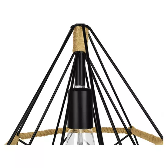 GloboStar® FLUTED 01421 Vintage Κρεμαστό Φωτιστικό Οροφής Μονόφωτο Μαύρο Μεταλλικό με Μπεζ Σχοινί Φ25 x Υ24cm